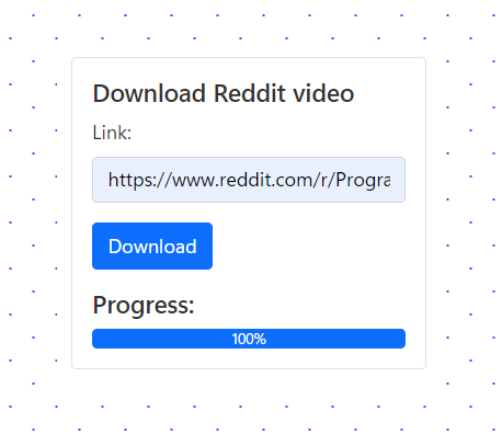 Ferramenta reddit saver. Um campo de texto, um botão para fazer o download, barra de progresso em 100%